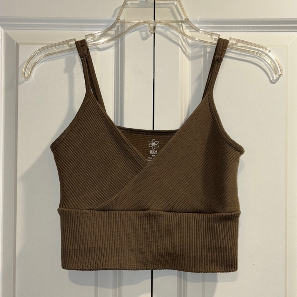 Aura Brown Ribbed Wrap Crop Tank Top